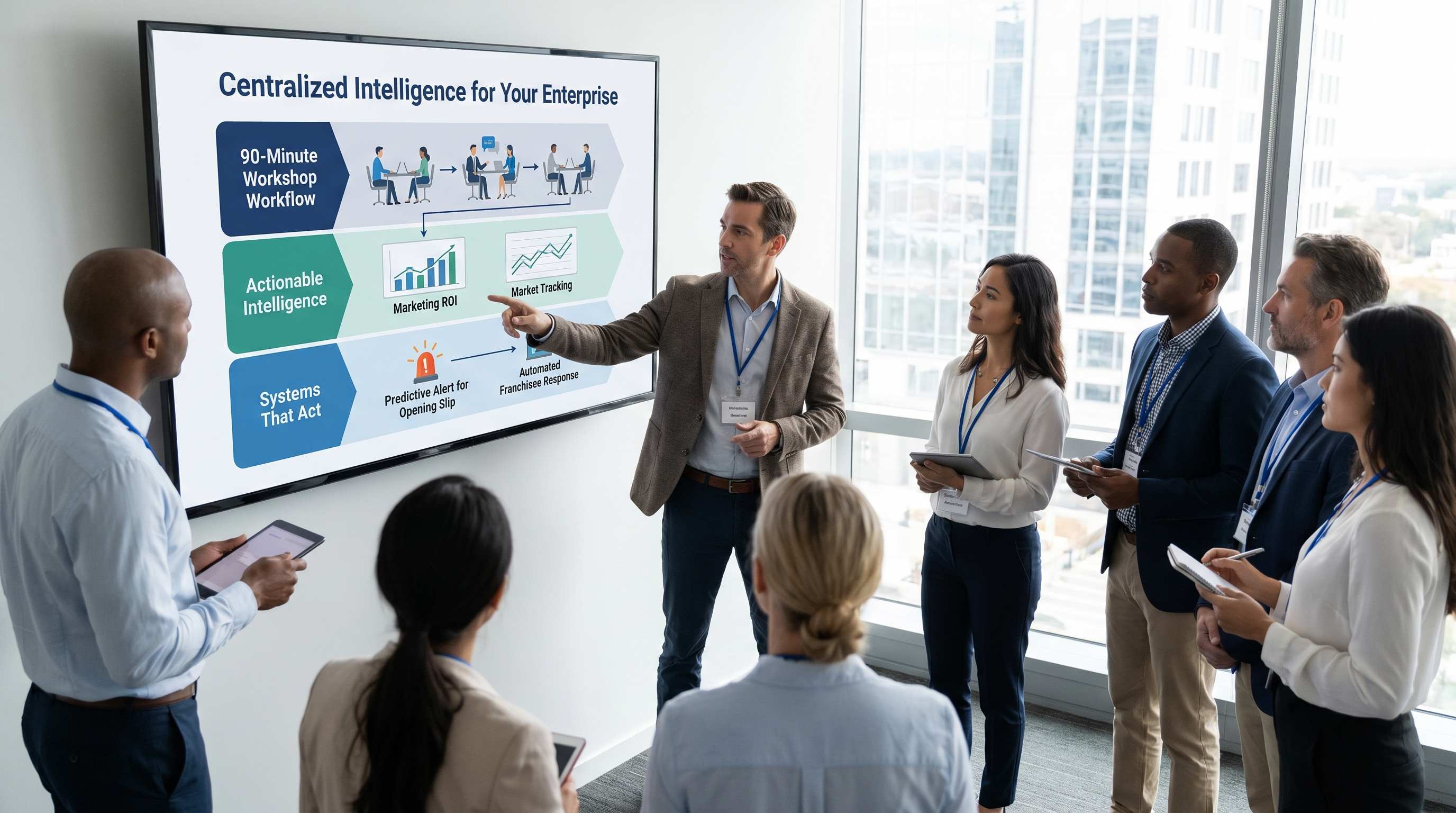 Presenter pointing at a Centralized Intelligence for Your Enterprise diagram with a group of franchise professionals